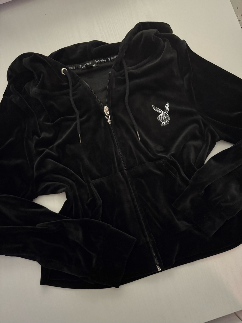 PLAYBOY Black Velour Rhinestone Bunny Zip Up Hoodie Y2K Style McBling 💖✨